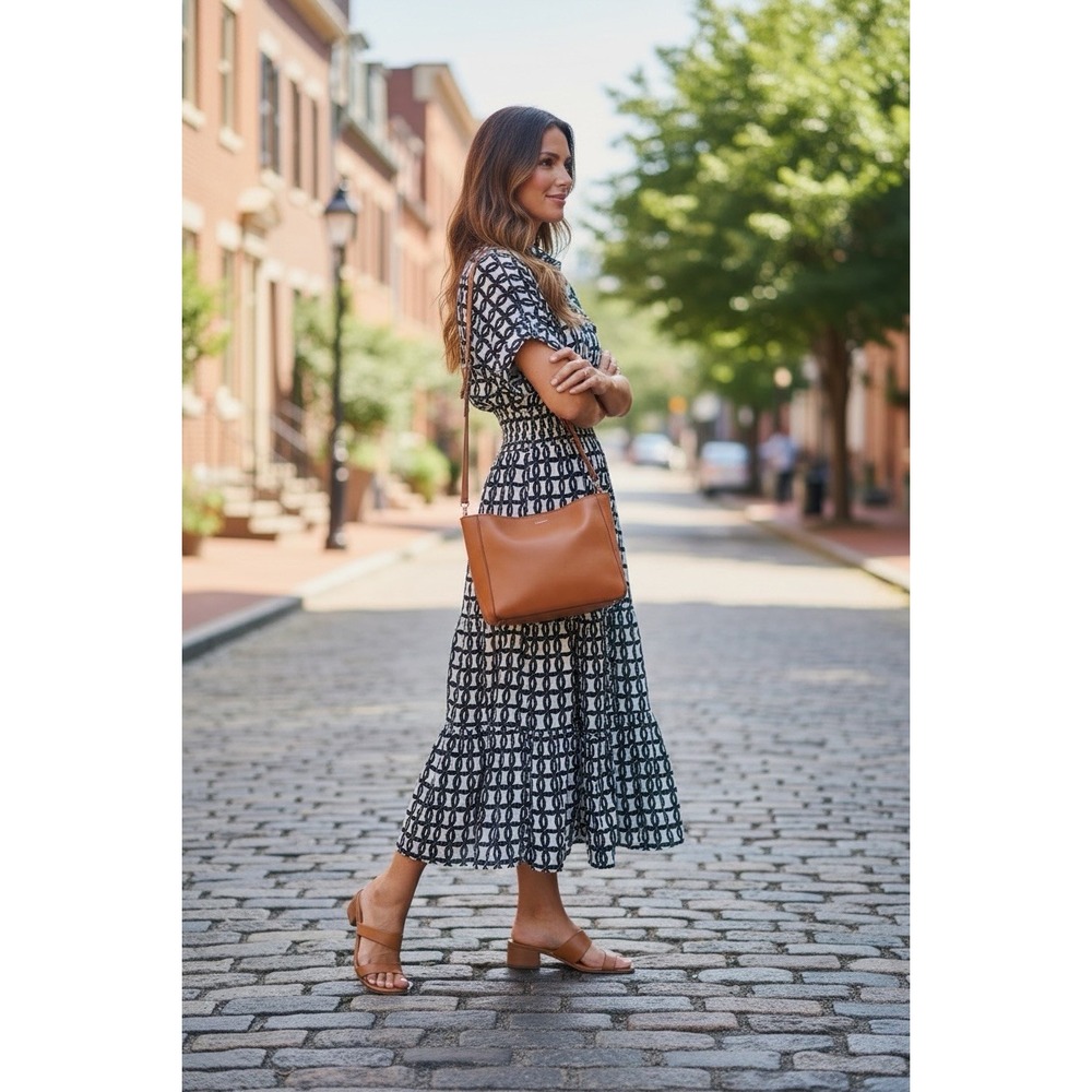 Anthropologie The Somerset Maxi Dress Shirt Navy & White Geometric Smock Waist S - Picture 2 of 13